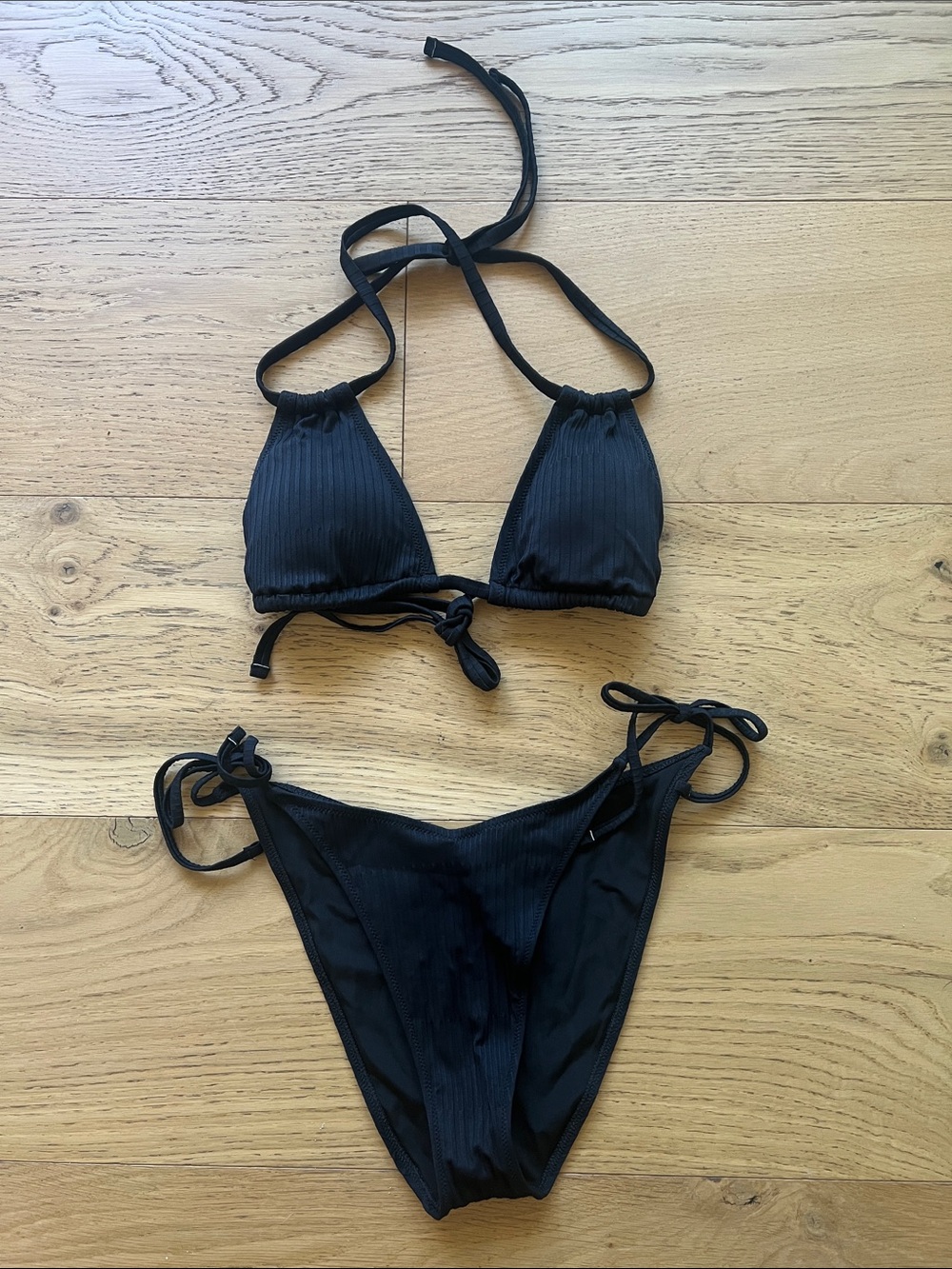 aerie Black Ribbed Triangle Bikini Top with Tie-Side Bottoms